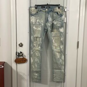 Novamen Jeans, Paint Splatter Stacked Skinny Jeans, Men’s size 38